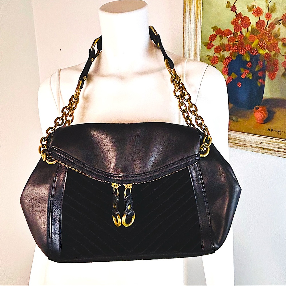 Banana Republic Black leather suede handbag with chain strap and built in wallet